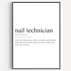 以下が含まれることがあります： ネイルテクニシャンの定義が書かれた白黒の印刷可能な壁の芸術。定義は次のとおりです。「控えめなセラピストであり、創造的で才能のある個人であり、爪に魔法をかけ、爪が常に完璧な状態を保つようにします。」