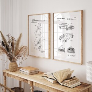 Juego de 2 láminas de patentes de películas, póster, ilustraciones de zapatillas, arte mural de películas, decoración de películas retro White