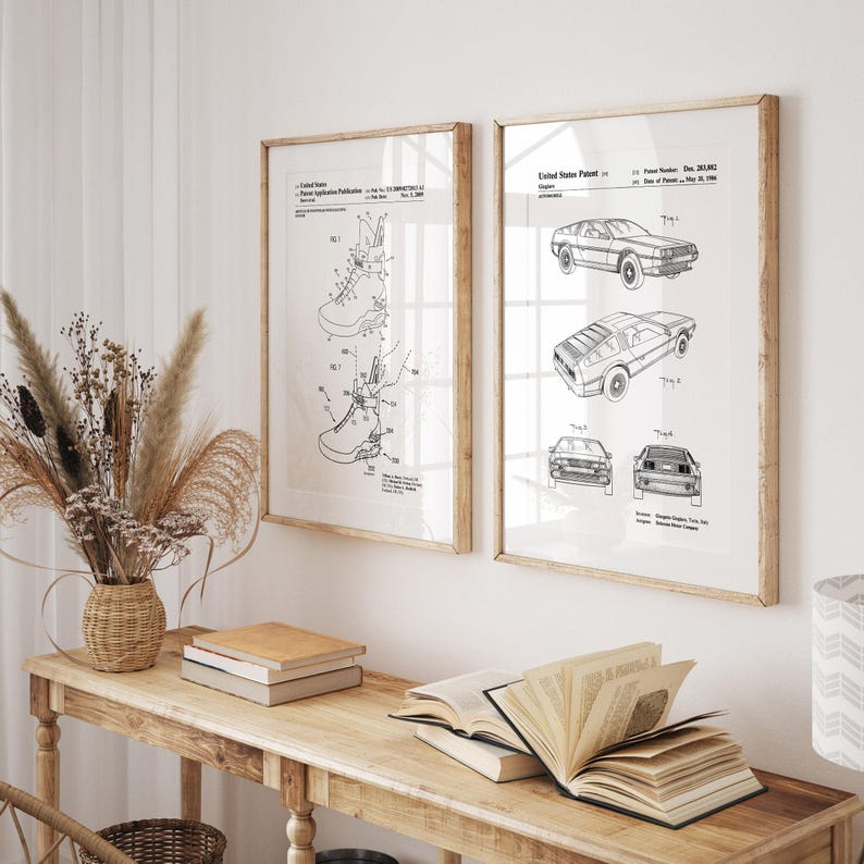 Juego de 2 láminas de patentes de películas, póster, ilustraciones de zapatillas, arte mural de películas, decoración de películas retro White