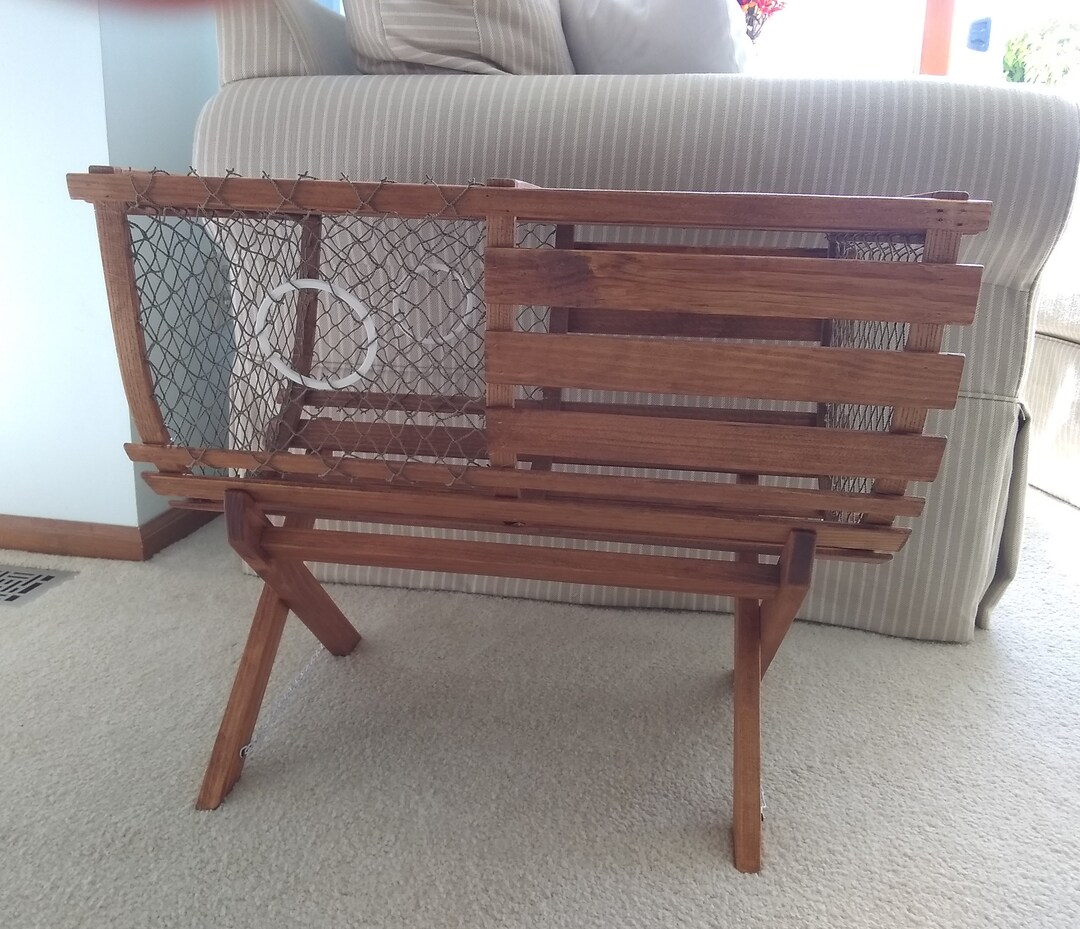 Wood Stained Lobster Trap End Table With Cradle , Nautical Theme, Crab