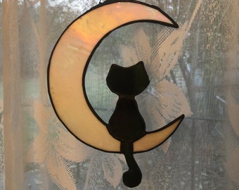 cat and moon suncatcher, cute cat lover gift, home decor, gift for Mom, house warming. handmade, stained glass art, window art, wall art