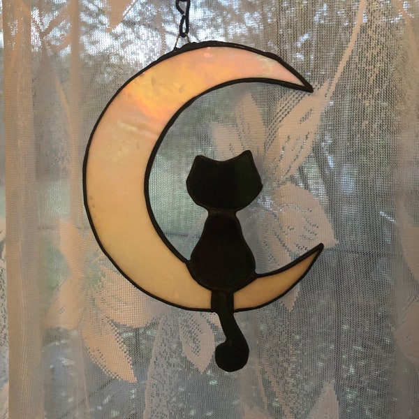 gato y lunares, lindo regalo para amantes de los gatos, decoración del hogar, regalo para mamá, calentamiento de la casa. hecho a mano, arte de vidrieras, arte de ventanas, arte mural