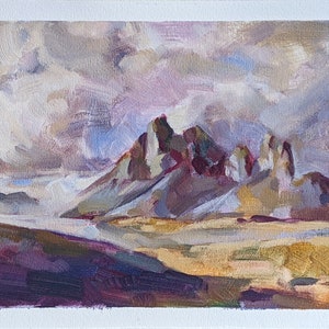 Montanhas e Nuvens - Pintura a Óleo Original de Paisagem 22,5 x 15 cm (aprox. 9 x 6 pol.)
