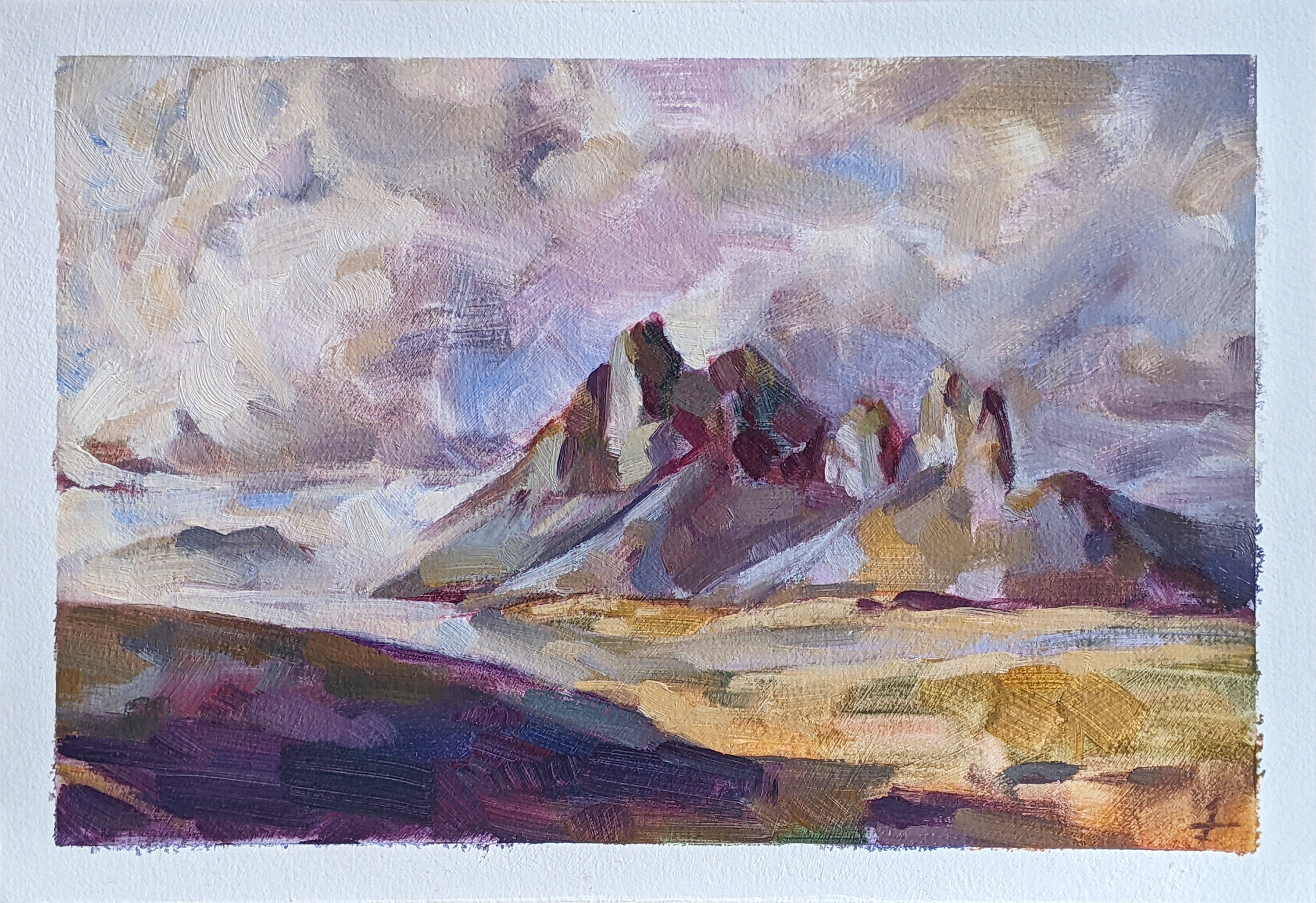 Mountains & Clouds - Original Landscape Oil Painting 22.5 X 15 Cm