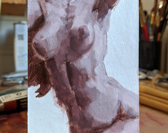 Original female nude monochrome oil painting 3" x 5"