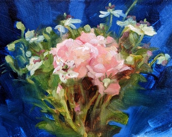 Original Still Life Oil Painting 6x9 inches "Flowers Out of the Blue"