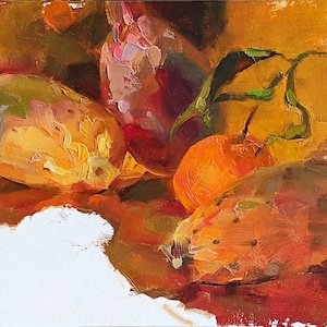 Figos da Índia e Clementina - Pintura a óleo original de natureza morta Alla Prima 9 x 6 pol (22,9 x 15,2 cm)