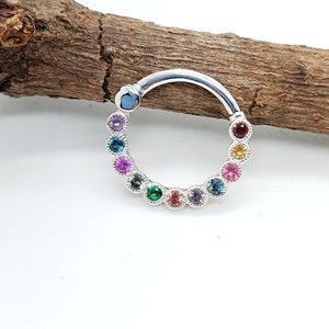 Rainbow Daith Clicker 14k Solid Gold  Septum Jewelry Helix Clicker Hoop Earring