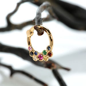 Cartilage Hoop Rainbow Design  Multicolor Stones Custom Piercing Jewelry 14k Solid Gold