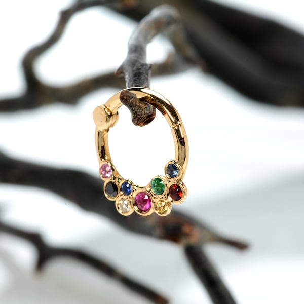 Cartilage Hoop Rainbow Design , Multicolor Stones,Custom Piercing Jewelry,14K Gold