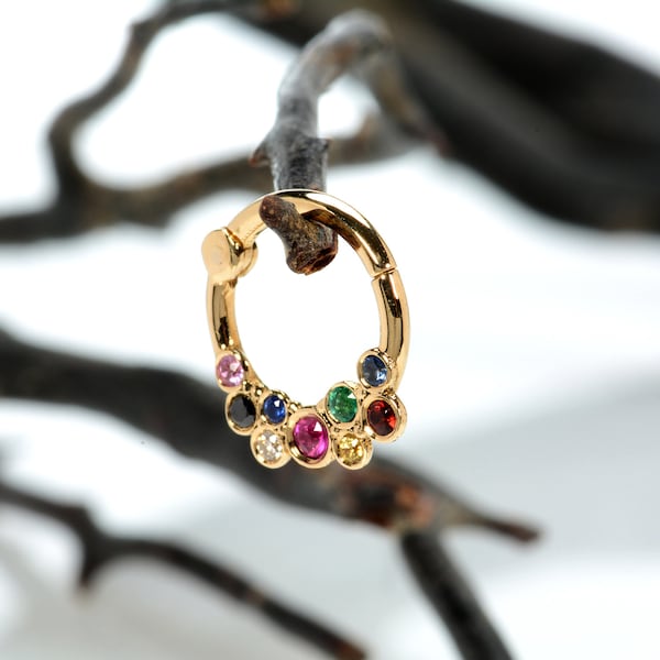 Aro para cartílago con diseño de arcoíris y piedras multicolores, joyería personalizada para piercing en oro macizo de 14 k.
