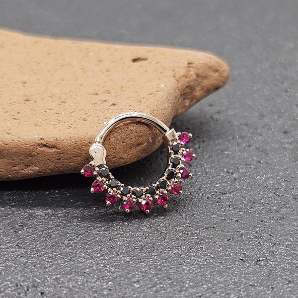Ruby Septum Clicker 14k Gold Black Diamonds Daith Earring Crtilage Hoop
