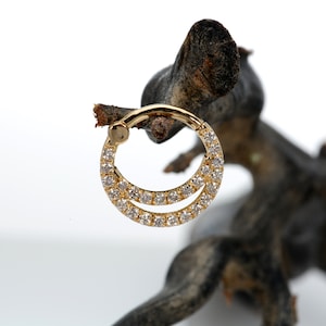 Piercing para tabique nasal, doble aro, con diamantes blancos, en oro macizo de 14 k.