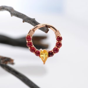 Cartilage Septum Clicker 14k Gold Pear Sapphire Ruby Daith Earring Helix Hoop