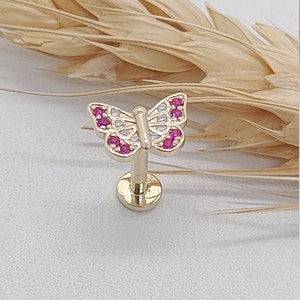 Butterfly Labret Stud 14k Solid Gold Internally Threaded Tragus Earring Helix Stud Piercing Jewelry Flat Back Piercing