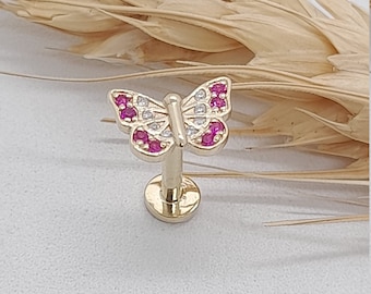 Butterfly Labret Stud 14k Solid Gold Internally Threaded Tragus Earring Helix Stud Piercing Jewelry Flat Back Piercing