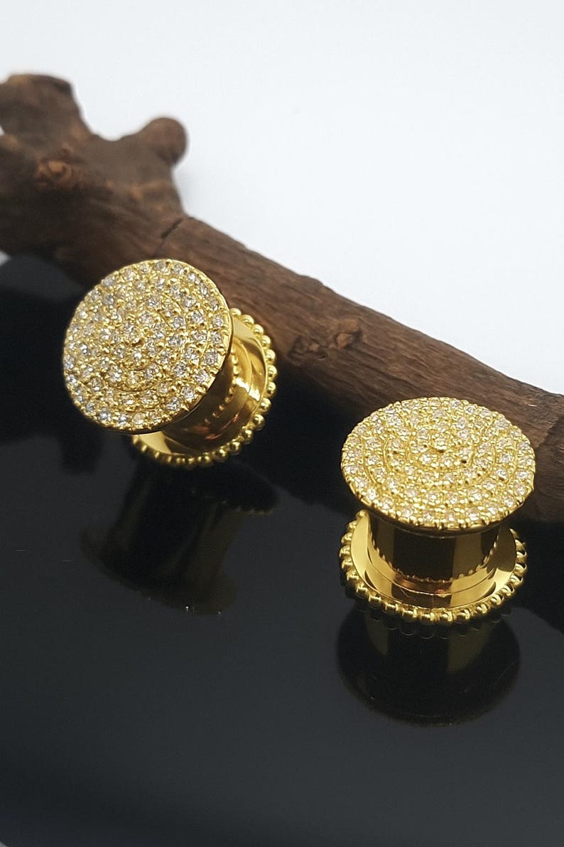 Ear Tunnels Solid Gold Diamonds Ear gauges Plug Tunnel 14k Custom Plugs Earrings Gauged Jewelry Gauge Plugs Earlets image 3