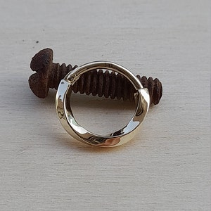 Puede incluir: Un aro de oreja dorado retorcido. El aro es de metal y tiene un acabado liso y pulido.