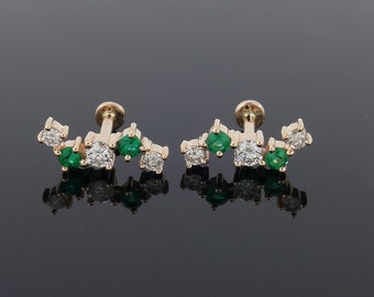 Tragus Screw Back Piercing 14k Solid Gold  Conch Earring Diamonds Emerald