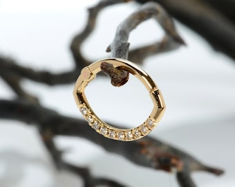 Hoop Septum Clicker Nose Ring Daith Earring 14k Gold  White diamonds  Septum  Piercing Jewelry