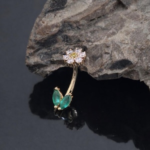 Rook Piercing Flower Sparkle Curved Barbell 14k Gold  White Yellow Diamonds  Emerald Marquise  Piercing Body Jewelry Daith Earring