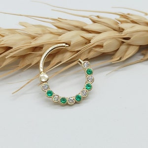 Daith Septum Clicker 14k Solid Gold White Diamonds Emerald Helix Earring Cartilage Earring