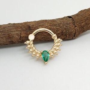 Hoop Clicker Pear Emerald 14k Solid Gold Daith Earring Helix Jewelry Matte Finish