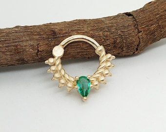 Hoop Clicker Pear Emerald 14k Solid Gold Daith Earring Helix Jewelry Matte Finish