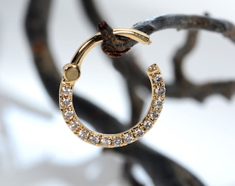 Nose Septum Clicker White Diamonds 14k Gold Nose Ring  Daith Earrings  Nose Hoop  Helix Ring  Custom Piercing Jewelry