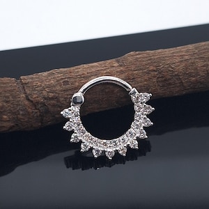 Daith Septum Clicker Double Ring White Diamonds 14k Solid Gold Custom Piercing Jewelry