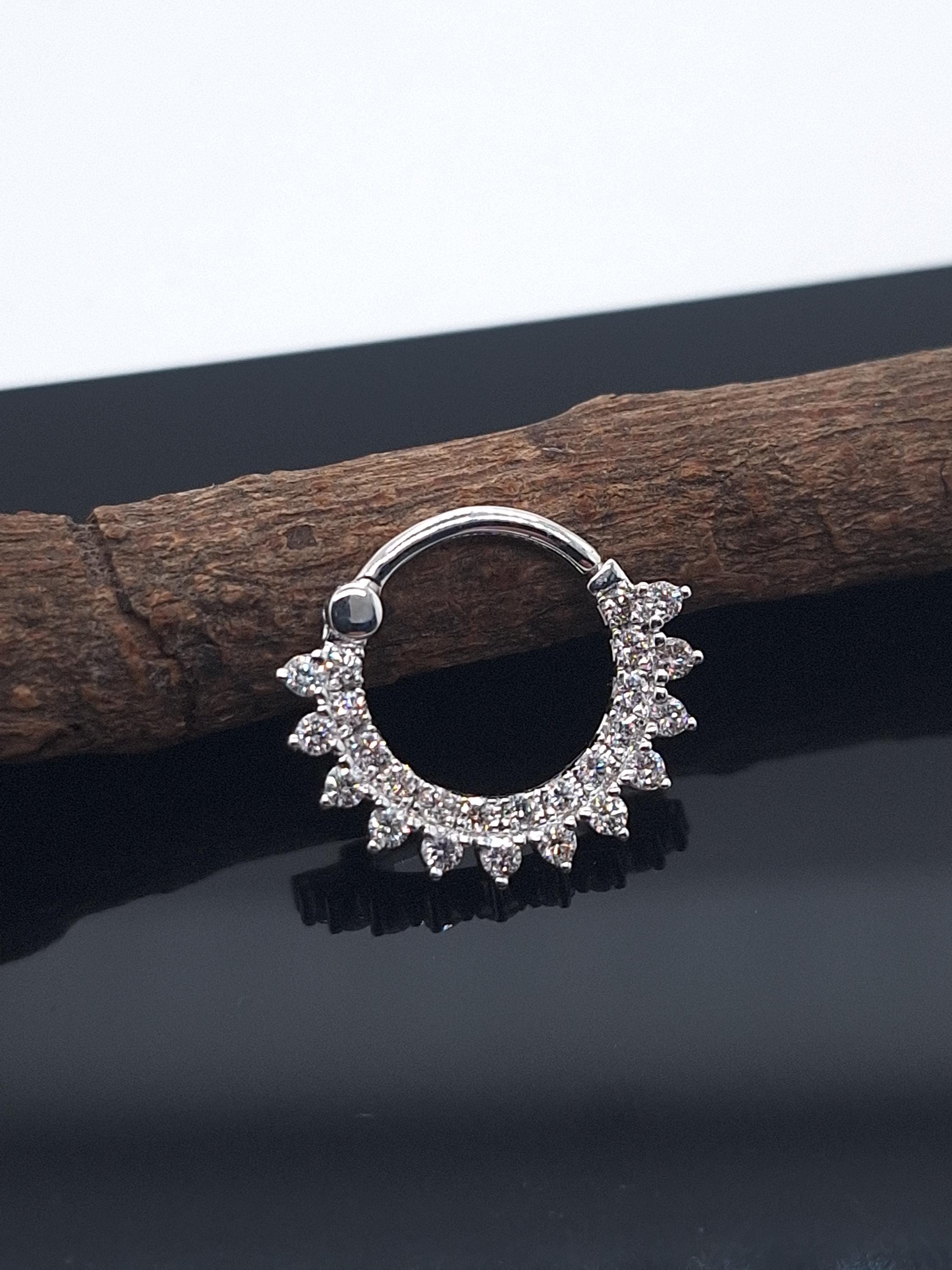 Daith Septum Clicker Double Ring White Diamonds 14k Solid Gold Custom Piercing Jewelry