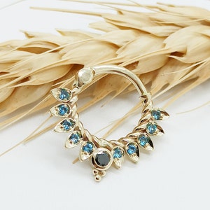 Ear Septum Clicker 14k Solid Gold Diamond Topaz Blue London Daith Earring Nose Hoop Helix Piercing Jewelry