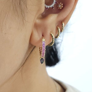 Brinco de argola Eternity Ouro maciço Ametista Místico Topázio verde Joia para piercing no lóbulo da orelha