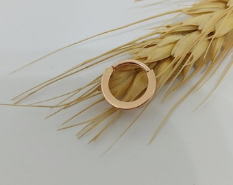 May include: A small, rose gold hoop earring with a hinged clasp.