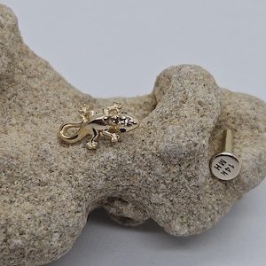 May include: A gold-toned gecko charm with black accents, and a gold-toned post with the inscription "14K HH" on the back.