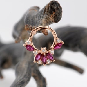 Daith Jewelry 14k Solid Gold Marquise Ruby White Diamonds Cartilage Earring Helix Hoop