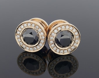 Ear Gauges Solid Gold Ear Lest Earrings Jewelry 14k Plugs Piercing  Ear Tunnels Black  White Diamonds Gauge Plugs Ear Gauged