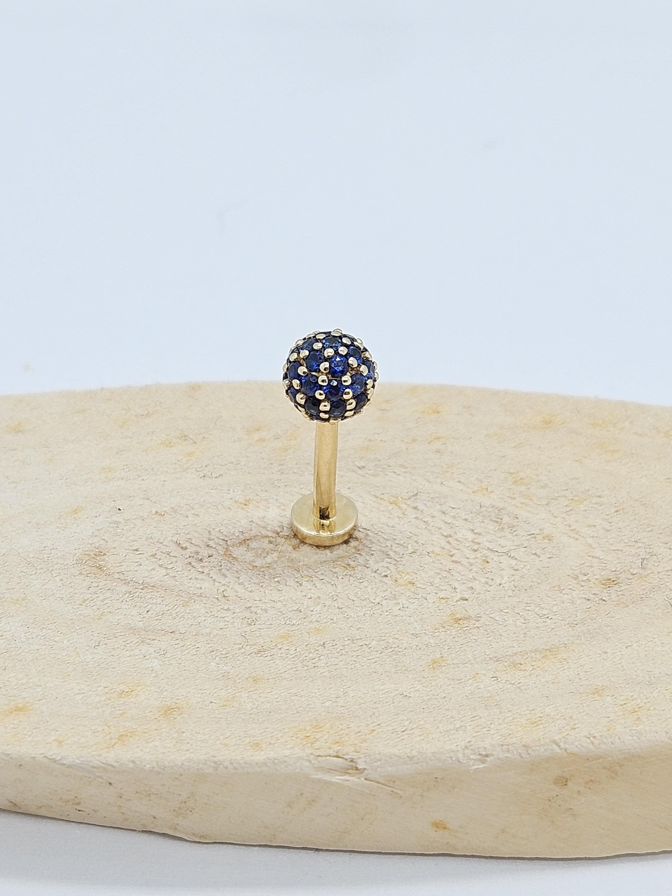 Ball Labret Sapphires Earring 14k Solid Gold Conch Piercing Jewelry Helix Flat Back Stud