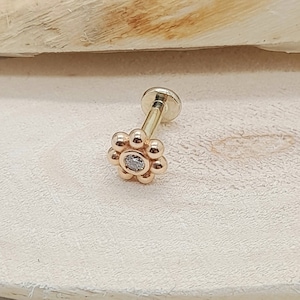 Flower Labret Stud Piercing 14k Solid gold Tragus Stud White Diamond  Flat Back Earring Cartilage Stud