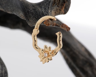 Flower Cartilage Earring 14K Solid Gold White Diamonds Daith Piercing Helix Hoop