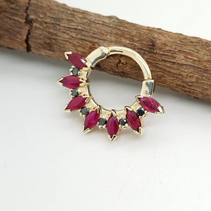Rubies Piercing Hoop Seven Marquise Design Earring 14K Solid Gold Jewelry
