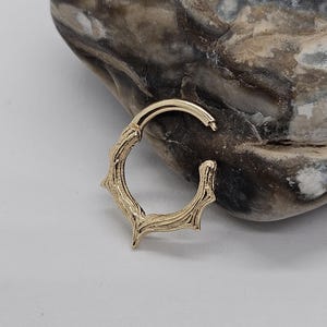 Anel de ouro 14K texturizado com clicker | Diâmetro interno de 8 mm | Espessura 16G | Piercing de septo ou daith | Textura de madeira natural