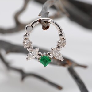 Helix Septum Clicker 14k Solid Gold  White Diamonds Emerald Princess Daith Jewelry