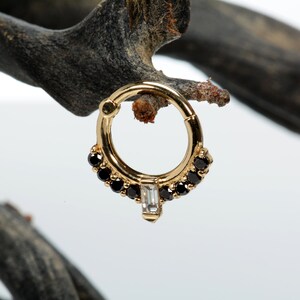 Daith Septum Clicker 14k Gold Baguette Black diamonds Helix Earring Cartilage Piercing Nose Hoop