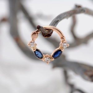 Marquise Sapphires Septum Clicker 14k Solid Gold Nose Ring Daith Earring Helix Ring