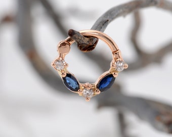Marquise Sapphires Septum Clicker 14k Solid Gold Nose Ring Daith Earring Helix Ring