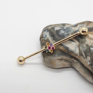 Industrial Piercing Jewelry 14k Yellow Gold Flower Rainbow Barbell Scaffold Earring