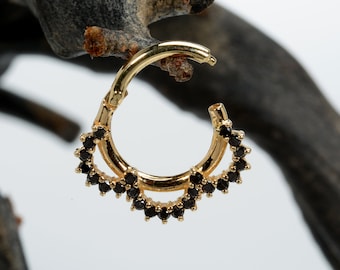 Helix Septum Clicker 14k Yellow Solid Gold Black diamond Daith Earring  Tragus Hoop  Custom Piercing Jewelry  Nose Ring
