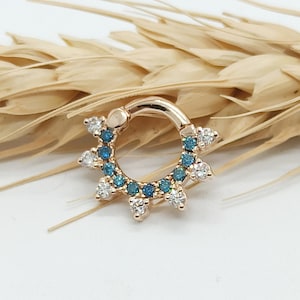 Daith Septum Clicker Blue White Diamonds 14k Solid Gold Nose Ring Hoop Helix Earring