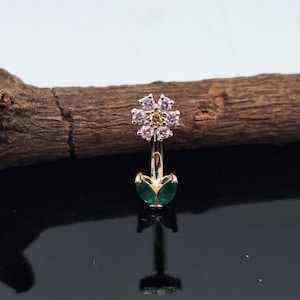 Piercing Rook con forma de flor y brillo, barra curva, oro de 14 k, diamantes blancos y amarillos, esmeralda, marquesa, joyería para el cuerpo, pendiente Daith
